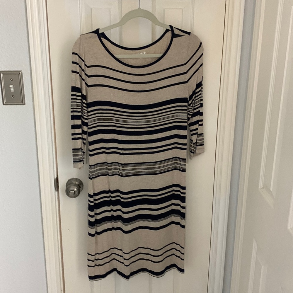 Navy and gray striped dress by Three Dots. Stretchy and comfy. Size medium